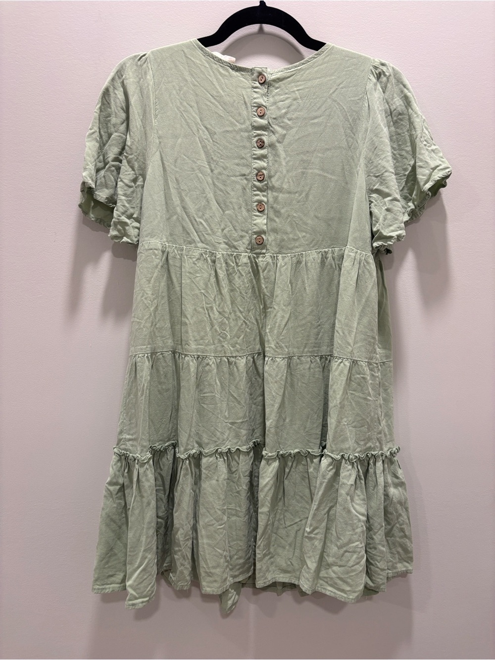 Altar’d State Linen Sage Green Tiered Babydoll Mini Dress Puff Sleeve - Picture 2 of 5